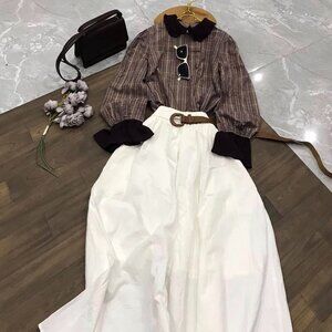 Brown Plaid Blouse & White Flowy Midi Skirt 2-Piece Set